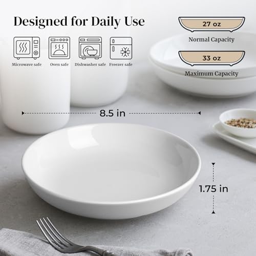 DOWAN 8.5" Natural White Ceramic Salad & Pasta Bowls Set of 6, Microwave & Dishwasher Safe