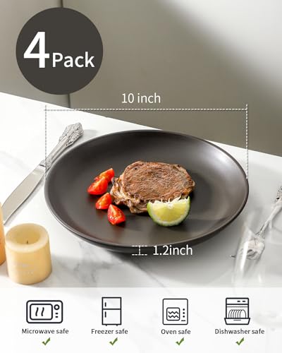 Stoneware 10 Inch Dinner Plates Set of 4, Scratch Resistant, Matte Black