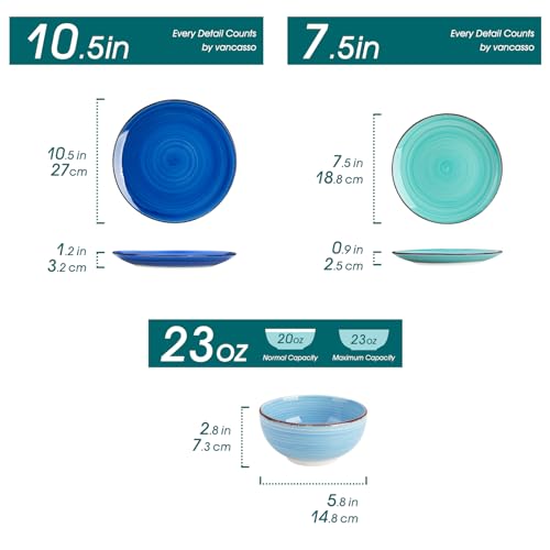 12-Piece Blue Stoneware Dinnerware Set with Handpainted Spirals, Perfect for 4