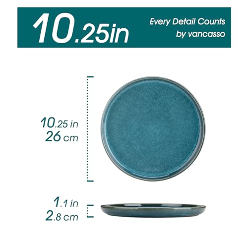 Blue Ceramic Dinner Plates - Set of 6, 10.25 Inch Safe for Microwave, Oven, Dishwasher