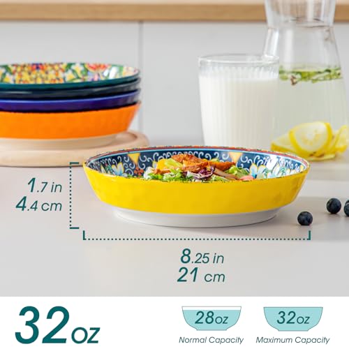 6 Large Colorful Ceramic Pasta Bowls: Dishwasher & Microwave Safe