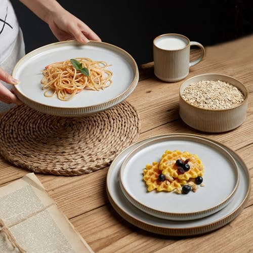Stoneware Dinner Plates, Cappuccino White, 10 Inch Set, Scratch Resistant, Modern Rustic Kitchen