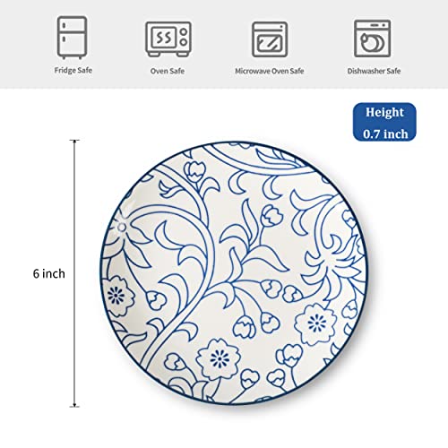 Vintage Blue Ceramic Dessert Plate Set of 6, 6 Inch Microwave & Dishwasher Safe