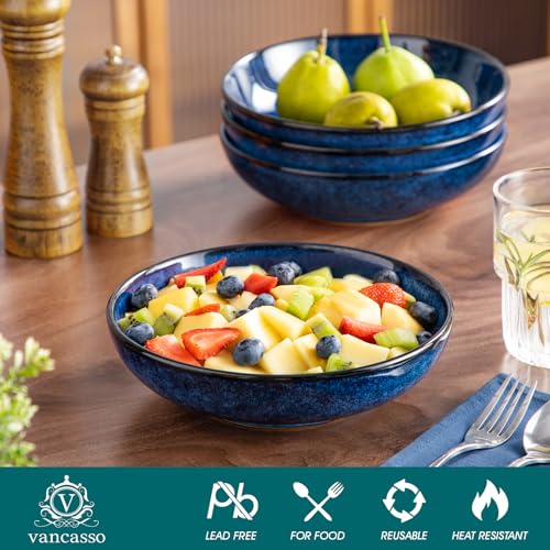 Large Pasta Bowls Set of 4, Ceramic Salad Plates for Serving, Stoneware Wide Bowls for Soup, Pasta, Salad, Cereals