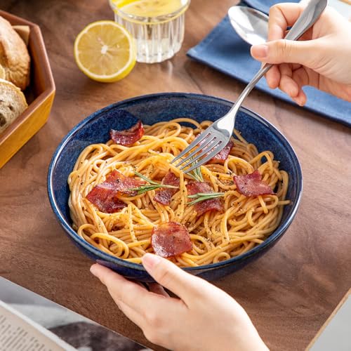 Large Pasta Bowls Set of 4, Ceramic Salad Plates for Serving, Stoneware Wide Bowls for Soup, Pasta, Salad, Cereals